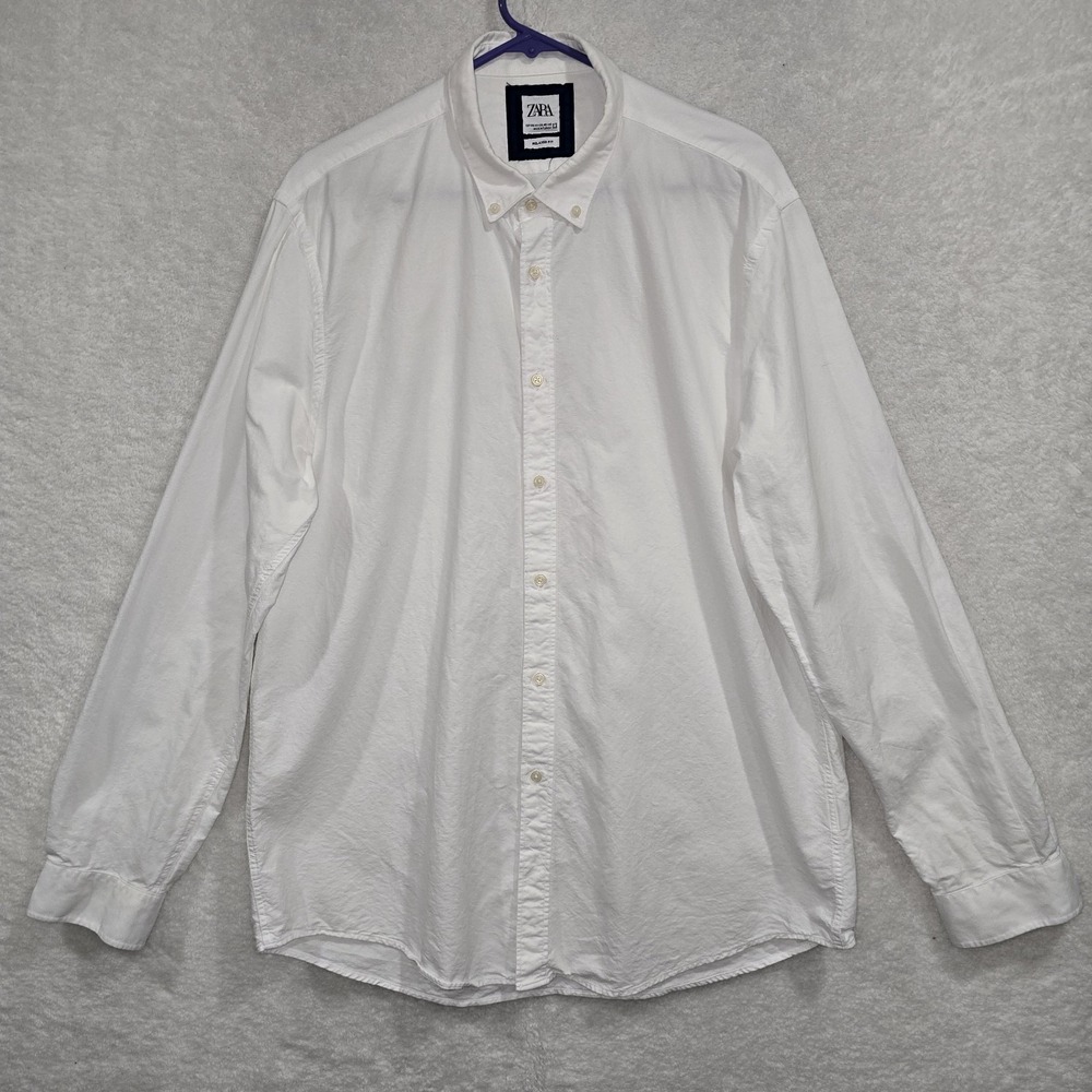 Zara Men's 2XL Button Up White Shirt Long Sleeve Relaxed‎ Fit Size XXL Collared